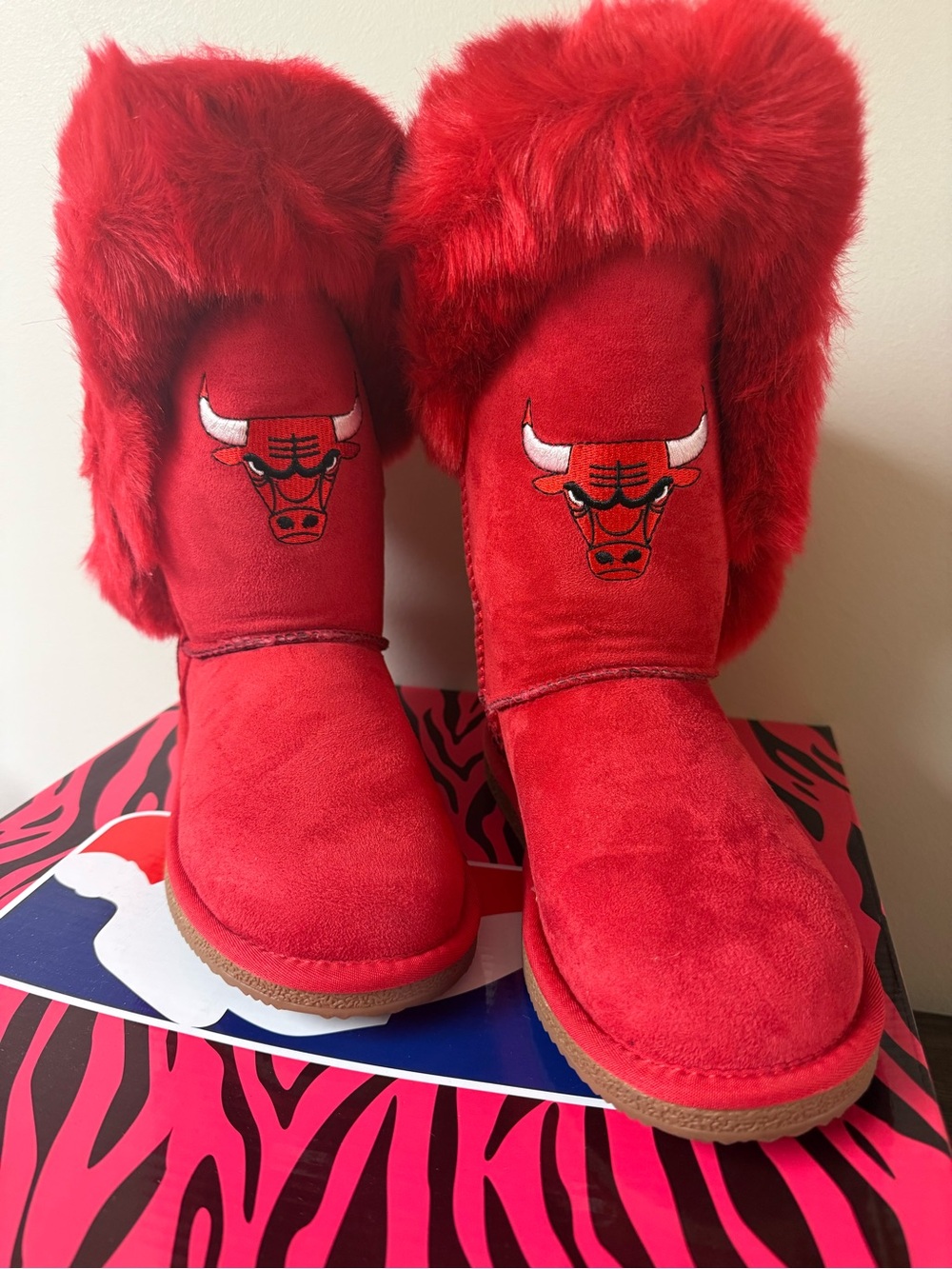 Red Faux Fur Winter Boots with Embroidered Bull Logo